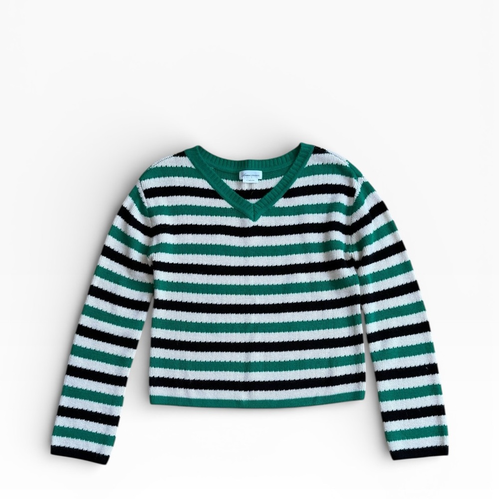 Lovers + Friends Green Striped V-Neck Sweater